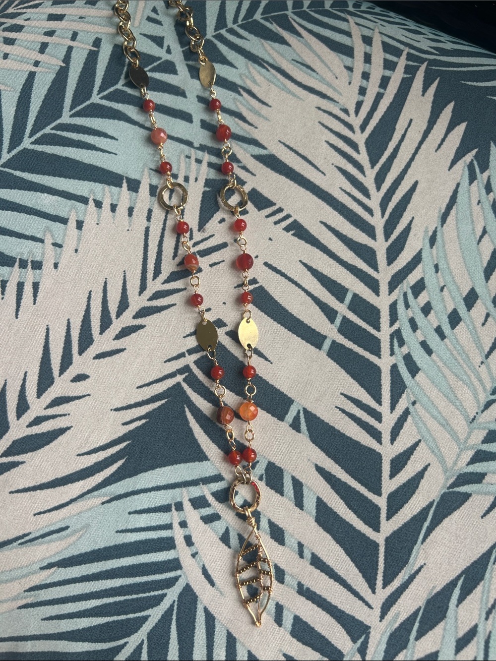 Artisan Fire Agate Bead and Leaf Pendant Necklace